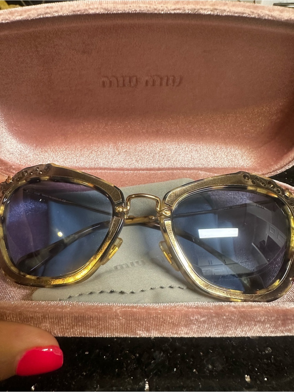 Miu Miu Gold Tortoiseshell Frame Sunglasses with Purple Lenses - Picture 2 of 6